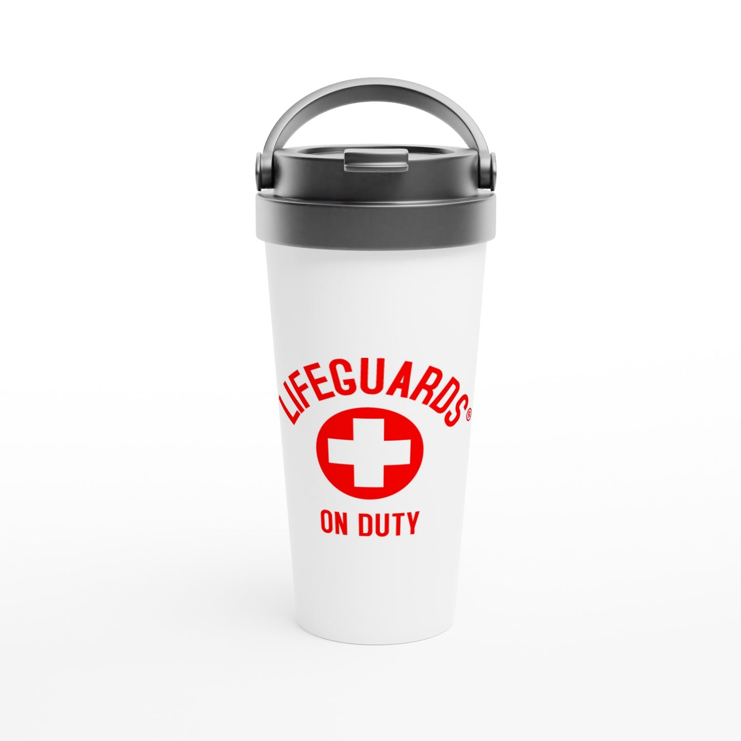 "Lifeguards on Duty 15 oz Travel Mug โ Lifeguarding the World, Always on Duty!