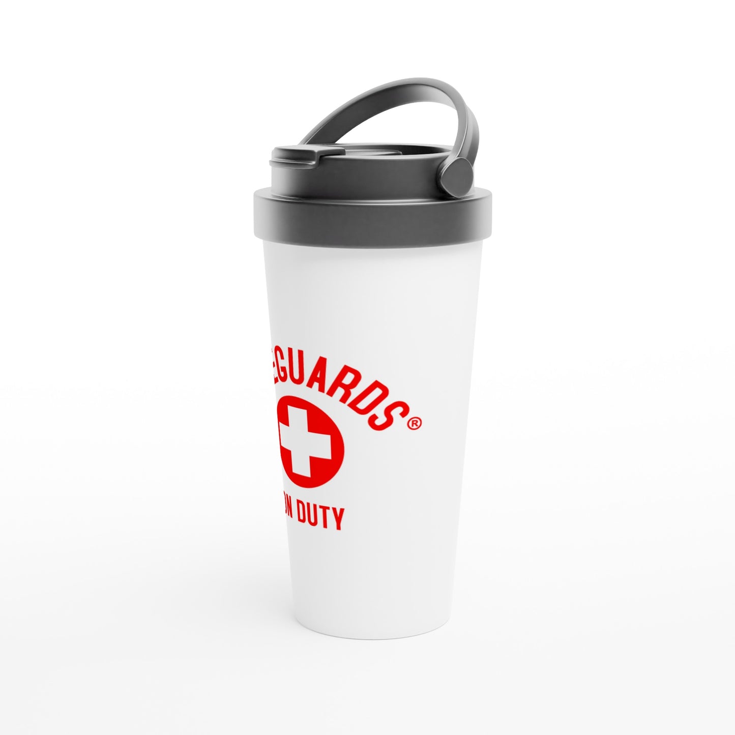 "Lifeguards on Duty 15 oz Travel Mug โ Lifeguarding the World, Always on Duty!