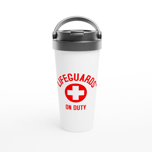 "Lifeguards on Duty 15 oz Travel Mug – Lifeguarding the World, Always on Duty!