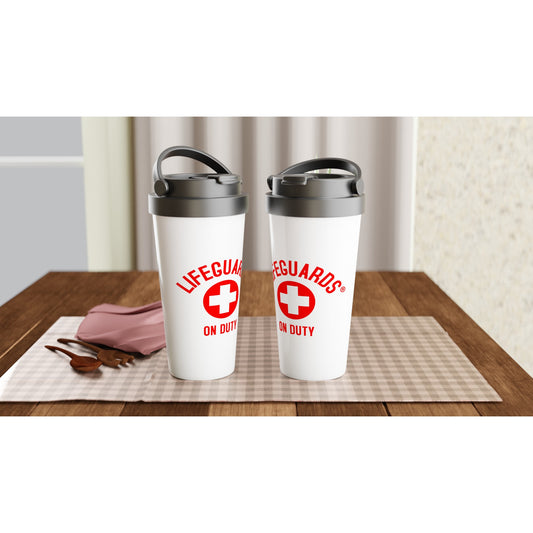 "Lifeguards on Duty 15 oz Travel Mug – Lifeguarding the World, Always on Duty!
